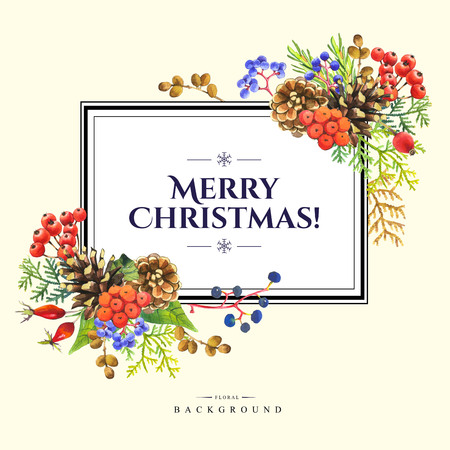 Beautiful christmas bouquet and headline with winter flowers and plants on white background. Composition with rowan, cones, wild grapes and arborvitae branches. Floral frame.の写真素材