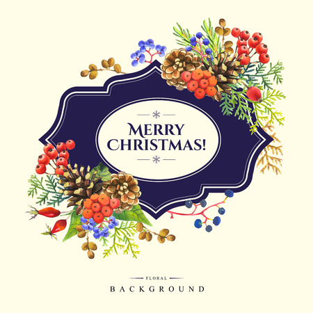 Beautiful christmas bouquet and headline with winter flowers and plants on white background. Composition with rowan, cones, wild grapes and arborvitae branches. Floral frame.の写真素材