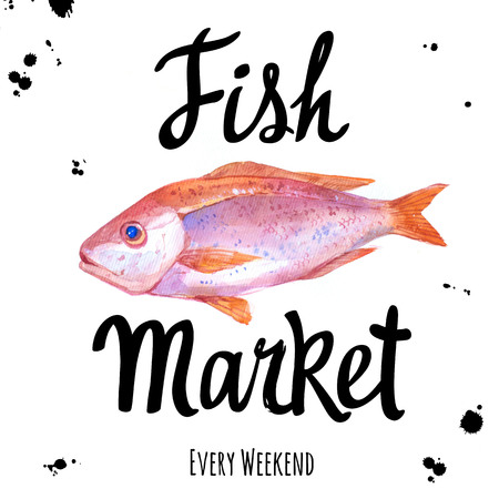 Poster for seafood menu. Hand painting watercolor fish.