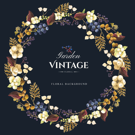Beautiful forest wreath and headline with winter berries and plants on black background. Composition with snowberry, hydrangea, arborvitae and wild grapes.の写真素材