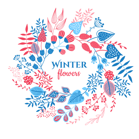 Fabulous doodling with winter leaves and flowers. Cartoon elements for decoration and create your design.のイラスト素材