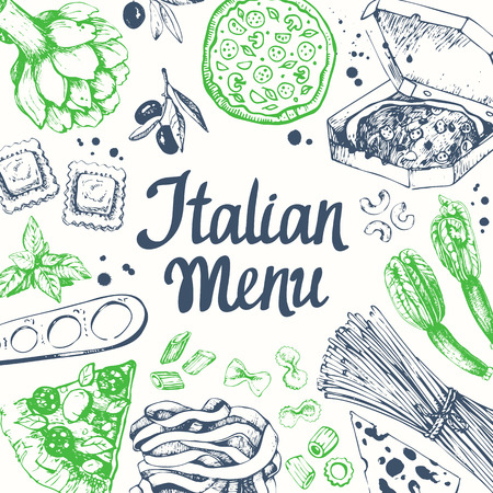 Pasta set in sketch style. Italian homemade traditional food on white background.のイラスト素材