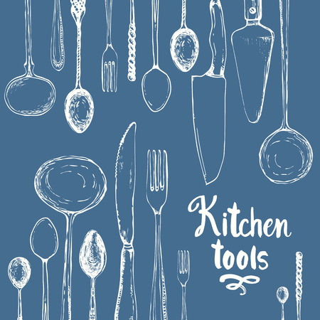 Vector Illustration with funny eating utensils on blue background. Decorative elements for your packing design. Multicolor decor.のイラスト素材
