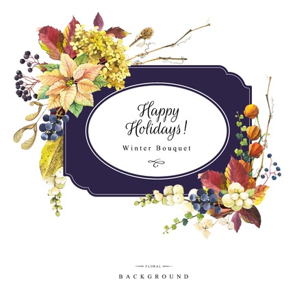 Beautiful christmas bouquet and headline with winter flowers and plants on white background. Composition with berries, poinsettia, cape gooseberry, snowberry and hydrangea.の写真素材