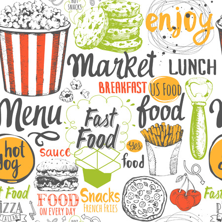Vector Illustration with funny food lettering and labels on white background. Decorative elements for your packing design. Multicolor decor.のイラスト素材