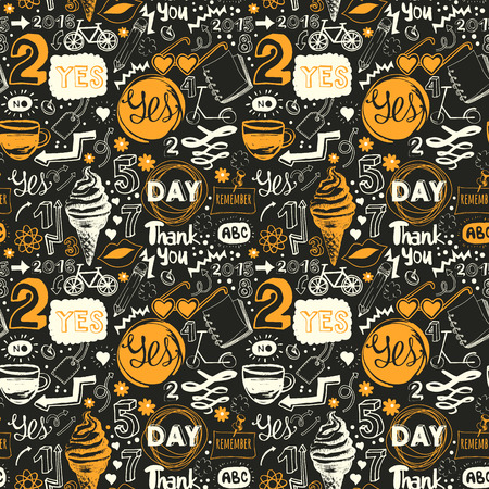 Menu pattern. Vector Illustration with funny food lettering and labels on black background. Decorative elements for your packing design. Multicolor.のイラスト素材