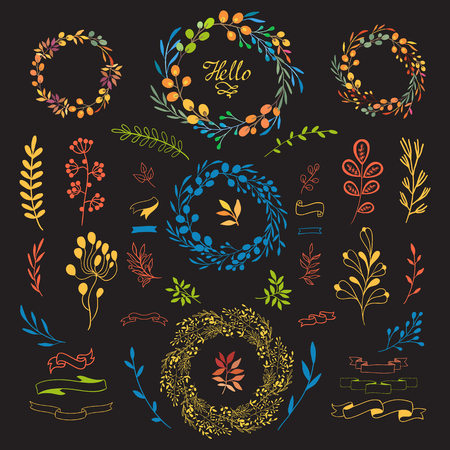 Vector illustration on white background with floral frame. Hand draw design elements for your decorations.のイラスト素材