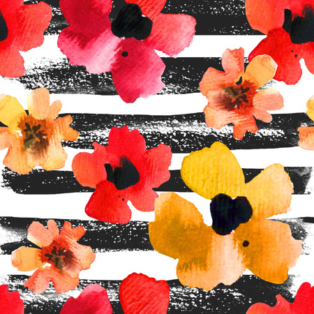 Floral ornament with wild flowers on a striped black and white background for your design and decor.の写真素材