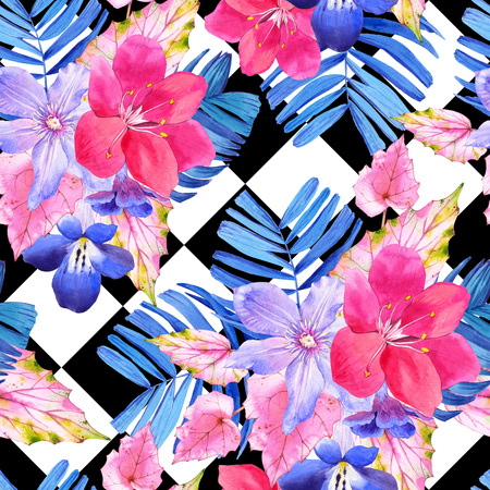 Beautiful watercolor illustration with tropical flowers and plants  on chess background. Composition with palm and begonia leaves, lily, clematis.の写真素材