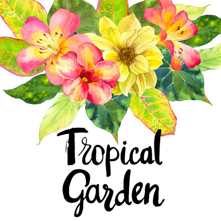 Illustration with realistic watercolor flowers. Tropical garden. Beautiful bouquet with tropical flowers and plants on white background. Composition with dahlia, lily, begonia, palm and croton leaves.の写真素材