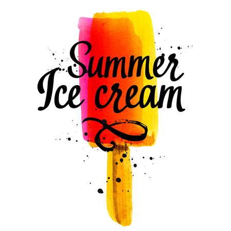 Poster with summer ice cream on white background. Illustration with strawberry flavor sorbet.の写真素材