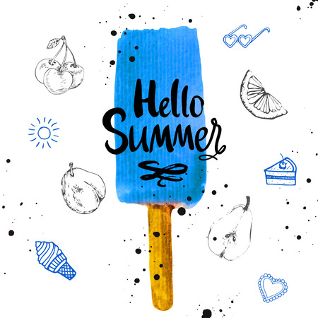 Watercolor illustration with ice cream on a stick. Poster with summer ice cream on white background. Illustration with blue sorbet.の写真素材