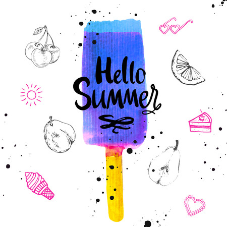 Watercolor illustration with ice cream on a stick. Poster with summer ice cream on white background. Illustration with blue sorbet.の写真素材
