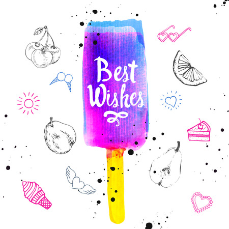 Watercolor illustration with ice cream on a stick. Poster with summer ice cream on white background. Illustration with berry flavor sorbet.の写真素材