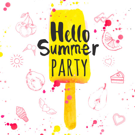 Watercolor illustration with ice cream on a stick. Poster with summer ice cream on white background.の写真素材