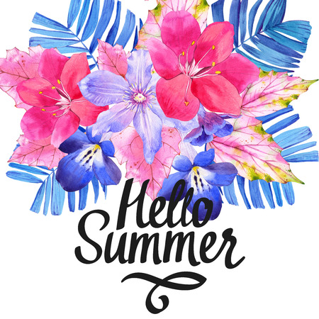 Beautiful watercolor illustration with tropical flowers and plants on white background. Composition with palm and begonia leaves, lily, clematis.の写真素材