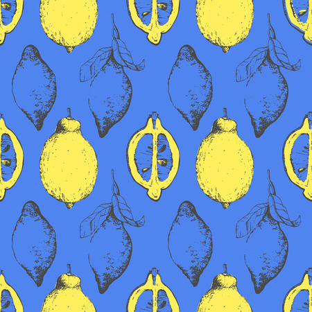 Fresh organic food. Lemon yellow vector blue background. Sketch style. Fluorescent colors.のイラスト素材