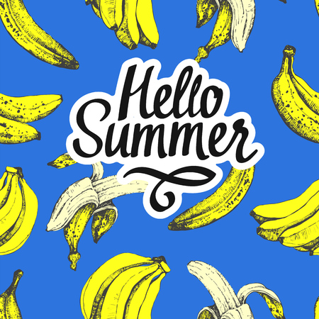 Fruit summer pattern with banana on blue background. Sketch style. Fresh organic food.のイラスト素材