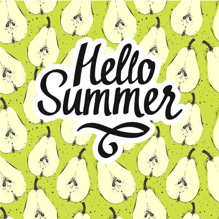 Fruit summer pattern with pear on yellow background. Sketch style. Fresh organic food. Hello summer.のイラスト素材