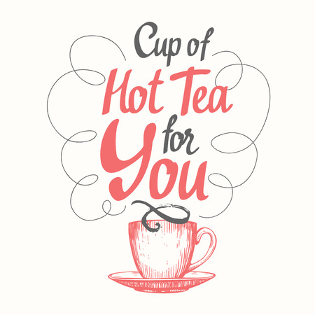 Vector illustration with cup of tea drinks in sketch funny style.  Brush calligraphy elements for your menu design.のイラスト素材
