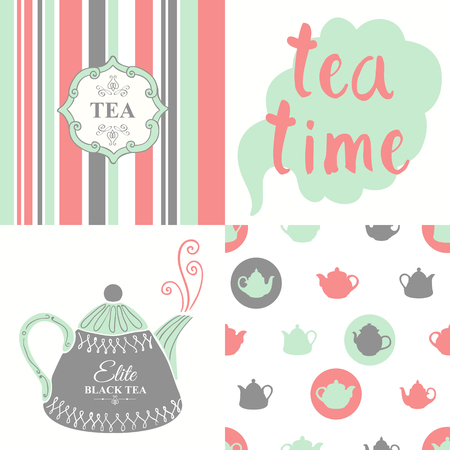 Hot drinks menu. Vector Illustration with cups, teapots and pattern. Decorative elements for your packing design. Multicolor decor.のイラスト素材
