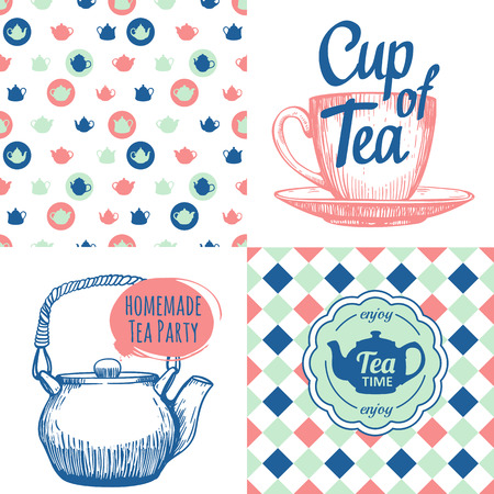 Hot drinks menu. Vector Illustration with cups, teapots and pattern. Decorative elements for your packing design. Multicolor decor.のイラスト素材