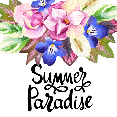 Illustrations with realistic watercolor flowers. Botanical illustration. Beautiful bouquet with tropical flowers and plants on white background. Composition with magnolias, begonia leaves and blue flowers.の写真素材