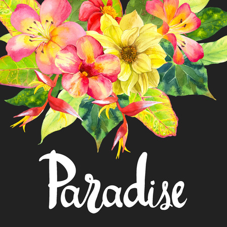 Illustrations with realistic watercolor flowers. Botanical illustration. Beautiful bouquet with tropical flowers and plants on black background. Composition with dahlia, lily, begonia, palm and croton leaves.の写真素材