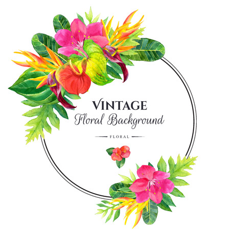 Floral illustration with tropical flowers and plants on white background. Composition with palm leaves, anthurium and strelitzia.  Round frame.の写真素材