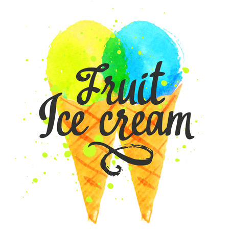 Poster with fruit ice cream. Illustration with blue and yellow sorbet.の写真素材