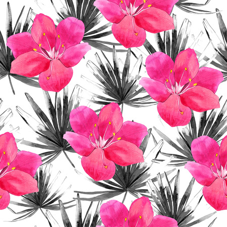 Beautiful pattern with tropical black leaves and pink flowers on white background. Summer pattern with palm leaves.の写真素材
