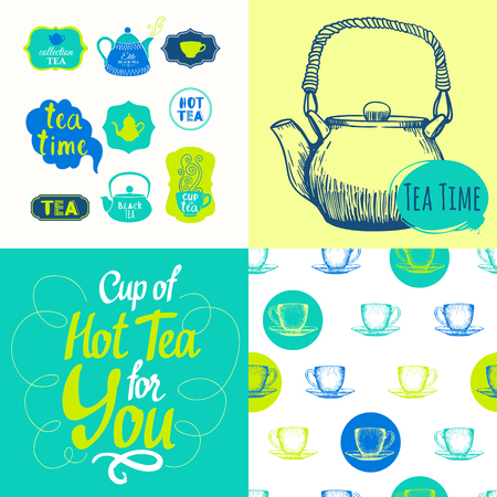 Hot drinks menu. Vector Illustration with cups, teapots and pattern. Decorative elements for your packing design. Multicolor decor.のイラスト素材