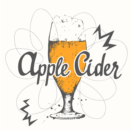 Drink menu. Vector illustration with glass of cider. Glass of cider in sketch style for pub menu. Vector illustration with alcoholic beverages. Cider labels.のイラスト素材