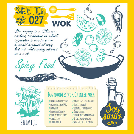 Sketch set with wok pan, chinese food, pepper and recipe. Funny labels asian fast food symbols. Vector food illustration with wok products.のイラスト素材