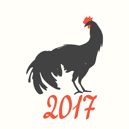 Silhouette of the cock a white background. Sketch style. Vector illustration with roosters 2017. Brush drawings. Chinese New Year.のイラスト素材