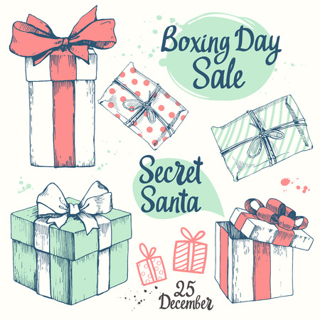 Vector holiday illustration set. Christmas present on white background. Beautiful gift box with ribbon in sketch style. Boxing day. Secret Santa party.のイラスト素材