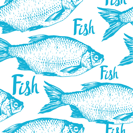 Vector illustration with sketches of rudd fish. Hand-drawn seamless background blue color. Seafood pattern.のイラスト素材