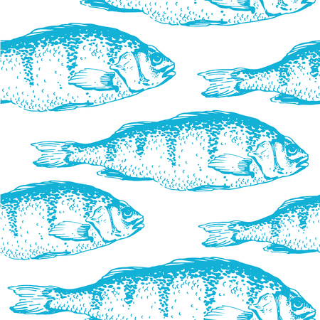 Vector illustration with sketches of carp fish. Hand-drawn seamless background blue color.のイラスト素材
