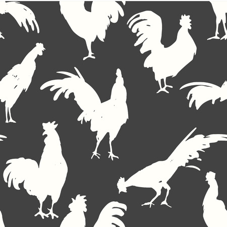 Seamless pattern with silhouette of cock in different poses. Sketch style. Vector illustration with black and white roosters. Brush drawings.のイラスト素材