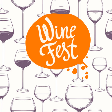 Hand-drawn sketch of wine glass. Seamless glassware pattern. Black and white style. Vintage. Tasting party.のイラスト素材