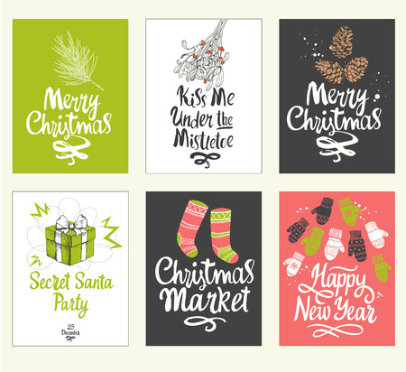 Christmas poster set in sketch style. Beautiful new year funny symbols, cock, snowflakes, glove, ball, gift, mistletoe, socks, gloves, rooster, gift, surprise, cookie, ball, cone, bells and holiday lettering. Vector illustration.のイラスト素材