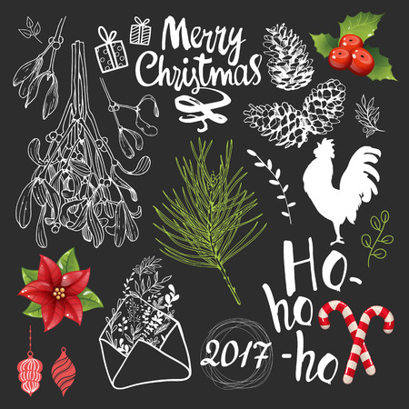 Christmas vector illustration set in sketch style. Present on black background. Beautiful new year funny symbols, cock, mistletoe, pine branch and holiday lettering.のイラスト素材