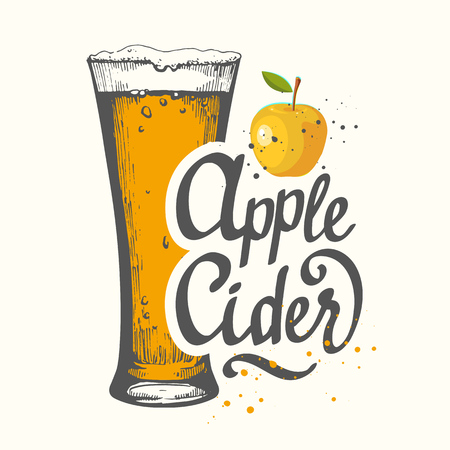 Drink menu. Vector illustration with cider apple glass in sketch style for pub. Alcoholic beverages.のイラスト素材