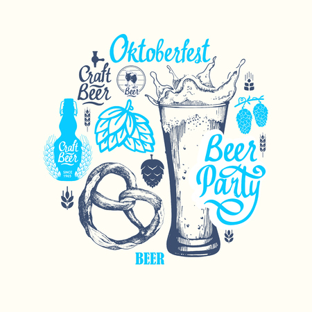 Different types of beer, cider and snack in sketch style. Round composition for pub menu on blue background. Vector illustration. Oktoberfest.のイラスト素材