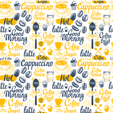 Seamless sketch background. Hot drinks menu. Vector Illustration pattern with cup, coffee maker, beans, spoon, labels.のイラスト素材