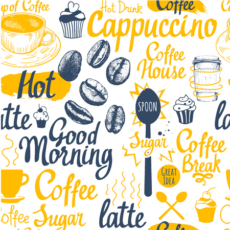 Seamless sketch background. Hot drinks menu. Vector Illustration pattern with cup, coffee maker, beans, spoon, labels.のイラスト素材