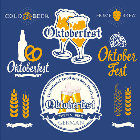 Vector Illustration with beer pub logo and labels. Simple symbols glass, bottle. Oktoberfest traditions. Decorative elements for your design.のイラスト素材