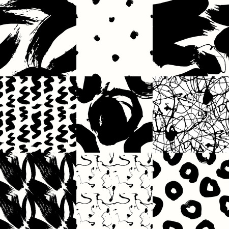 Set of seamless pattern with creative texture. Vector illustration paint strokes, spray. Black and white background.のイラスト素材