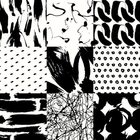 Set of seamless pattern with creative texture. Vector illustration paint strokes, spray. Black and white background.のイラスト素材