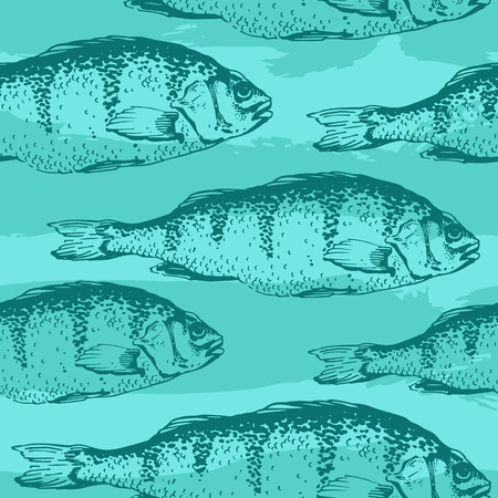 Vector illustration with sketches of carp fish. Hand-drawn seamless background blue color.のイラスト素材